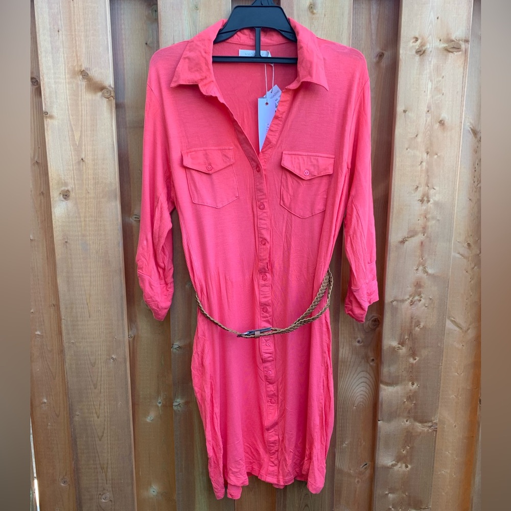Pink Long Sleeve Buttoned Shirt With Belt Large LG NWT